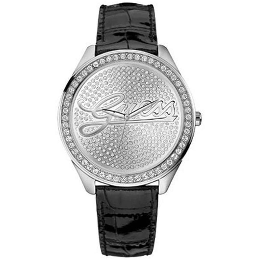 GUESS 25th Bling Three Hands 40mm Silver Stainless Steel Black Leather Strap W70011L1