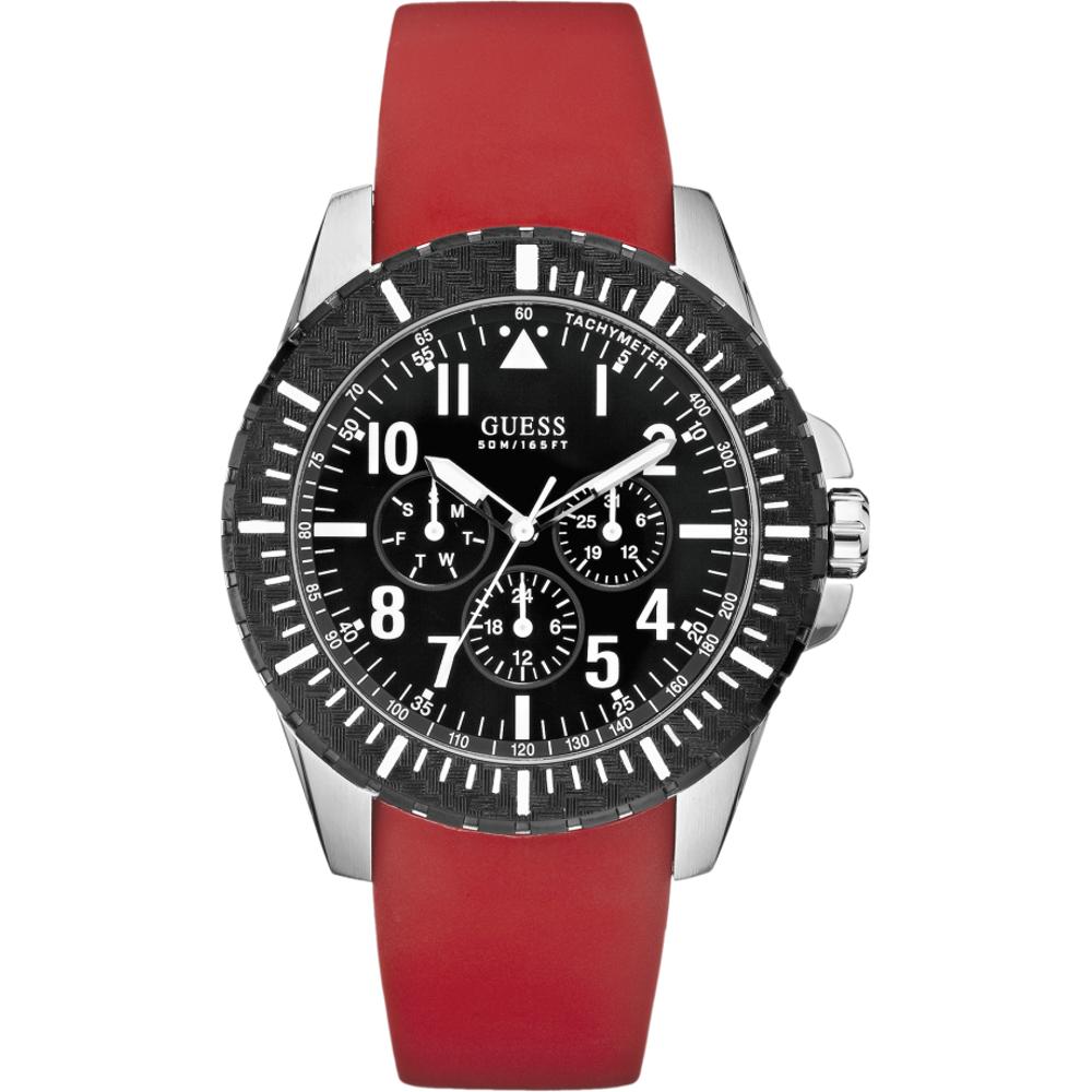 GUESS Rogue Multifunction 46mm Silver Stainless Steel Red Silicon Strap W90077G1