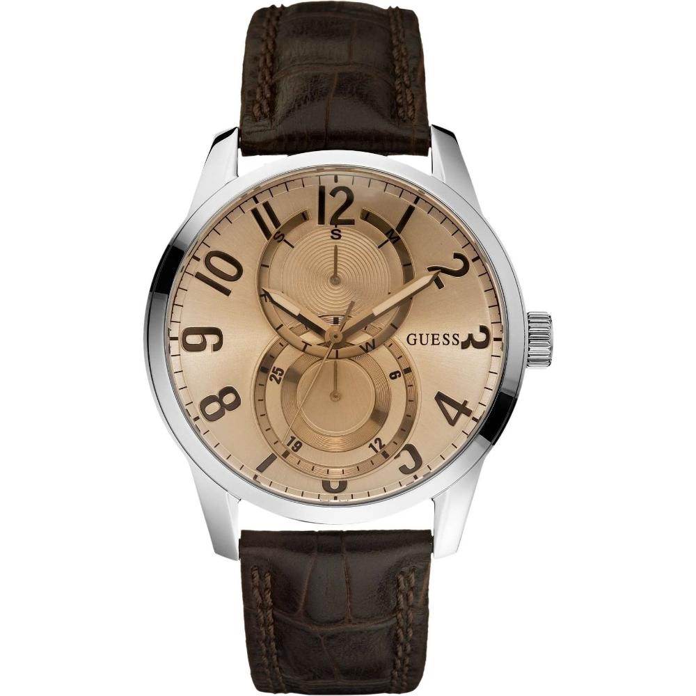 GUESS Inner Circle Multifunction 43mm Silver Stainless Steel Brown Leather Strap W95127G2