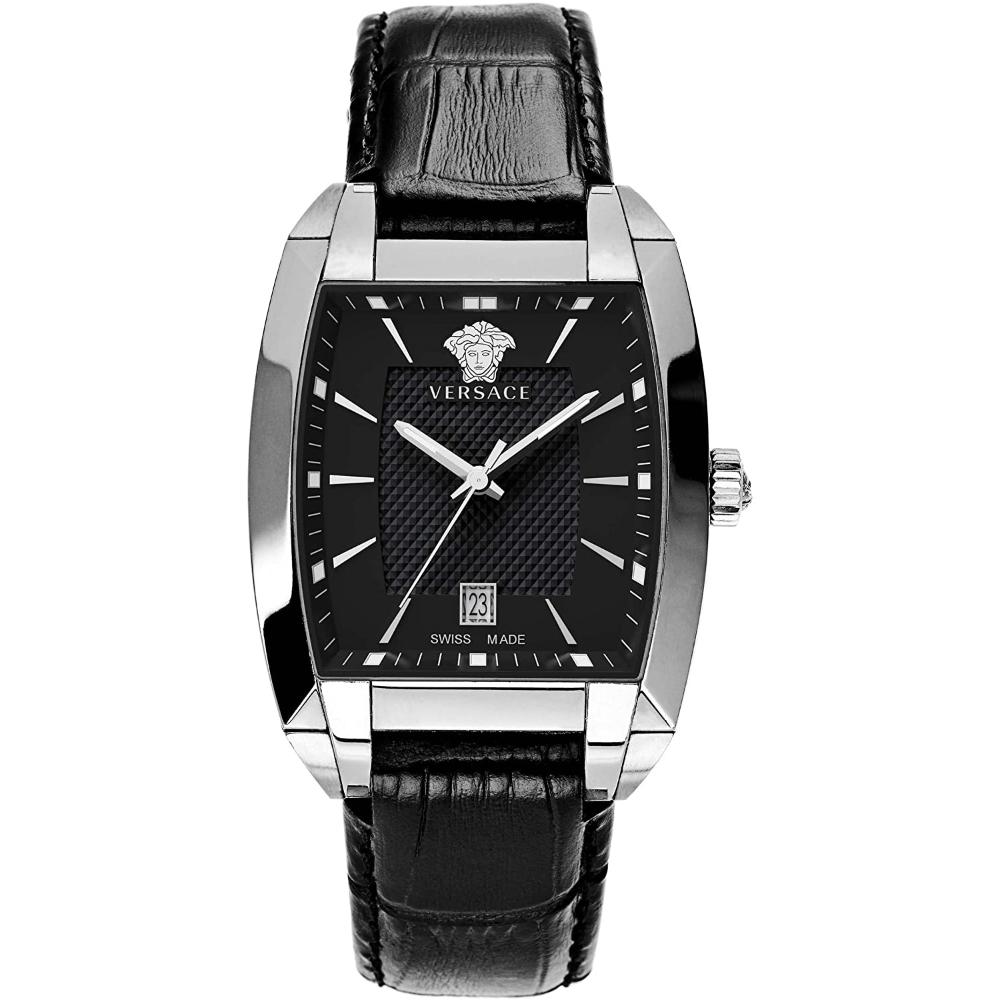 VERSACE Character Tonneau 47x34mm Silver Stainless Steel Black Leather Strap WLQ99D008S009