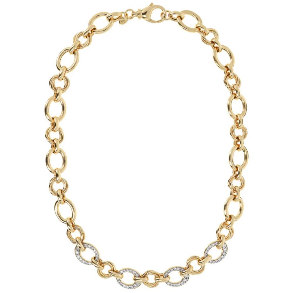 BRONZALLURE Yellow Gold Rolo Chain Necklace with Pavé Elements with Cubic Zirconia WSBZ01847Y.W