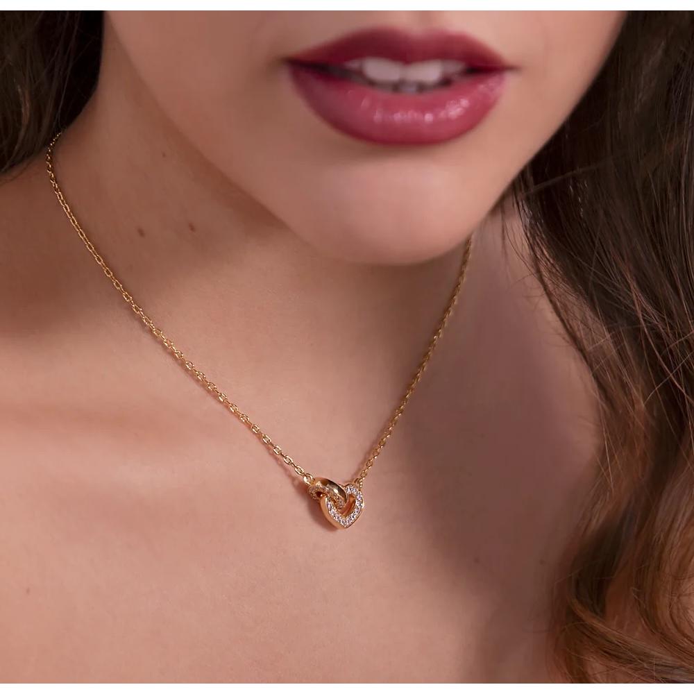 BRONZALLURE Yellow Gold Necklace with Double Pavé Heart Pendant and Oval Link with Zirconia WSBZ02280Y.YG