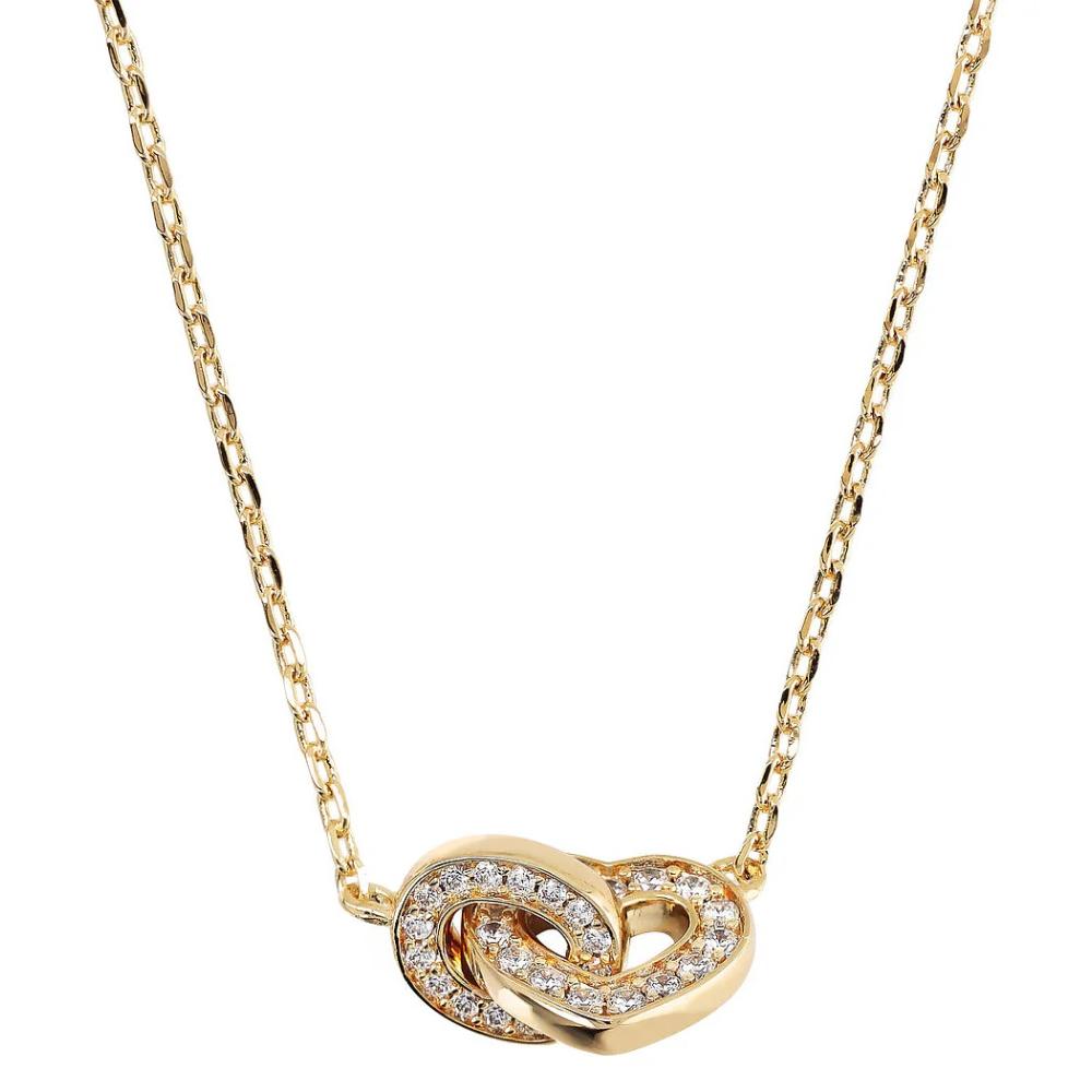BRONZALLURE Yellow Gold Necklace with Double Pavé Heart Pendant and Oval Link with Zirconia WSBZ02280Y.YG