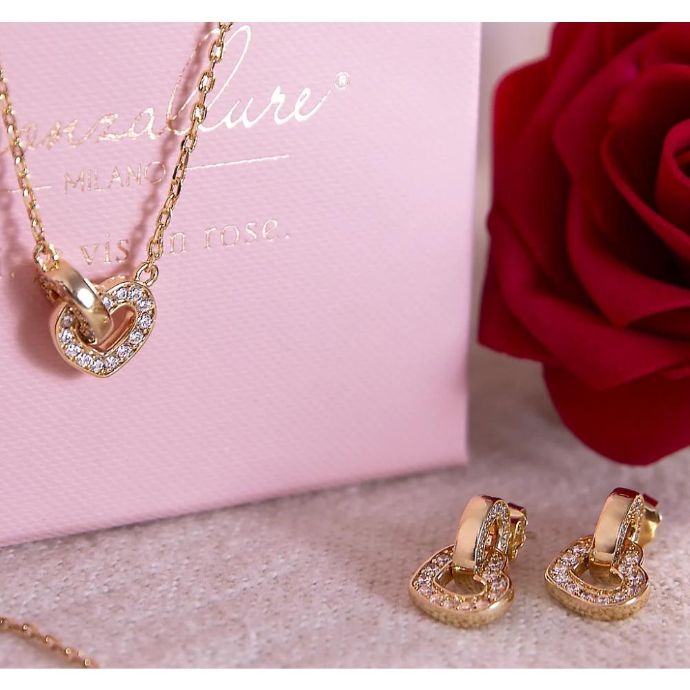 BRONZALLURE Yellow Gold Necklace with Double Pavé Heart Pendant and Oval Link with Zirconia WSBZ02280Y.YG