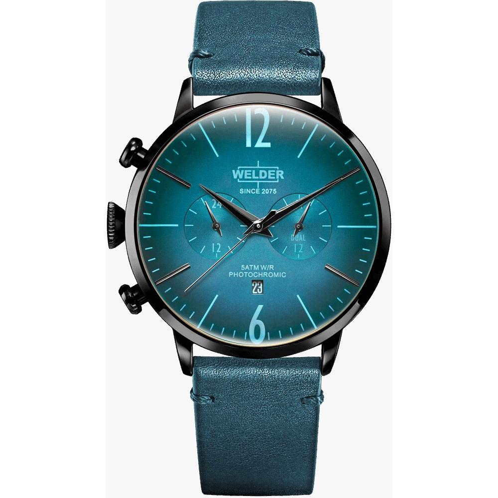 WELDER Smoothie Dual Time 45mm Black Stainless Steel Blue Leather Strap WWRC308