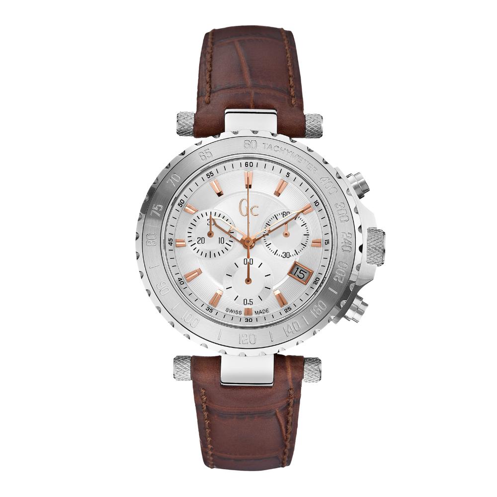 GUESS COLLECTION Chronograph 40mm Silver Stainless Steel Brown Leather Strap X58005G1S