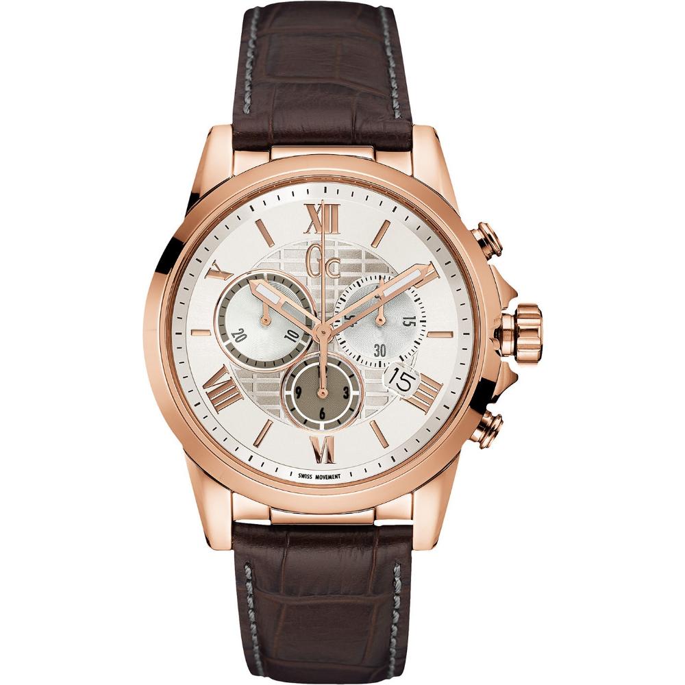 GUESS COLLECTION Luxury Chronograph 42mm Gold Stainless Steel Brown Leather Strap Y08006G1