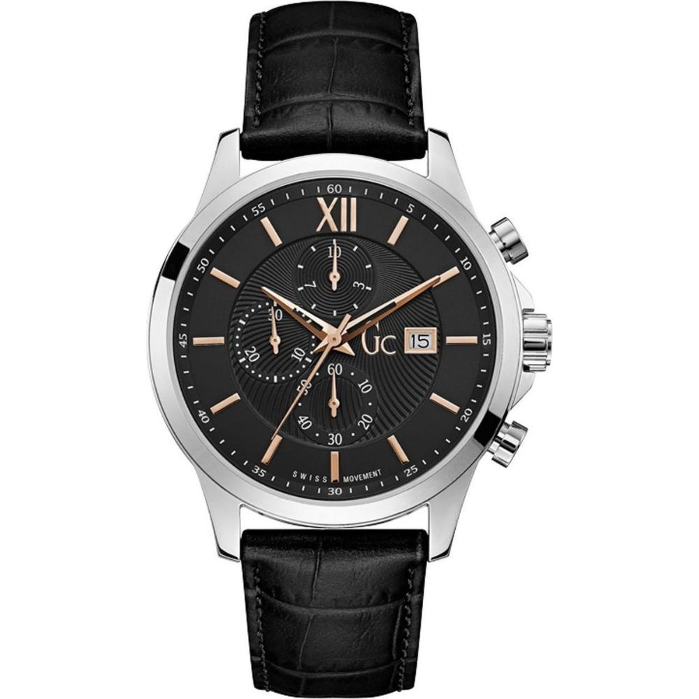 GUESS COLLECTION Luxury Chronograph 44mm Silver Stainless Steel Black Leather Strap Y27001G2