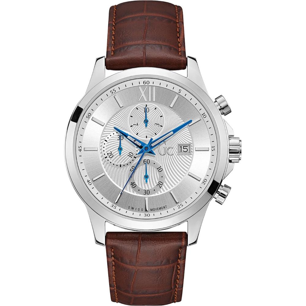 GUESS COLLECTION Luxury Chronograph 44mm Silver Stainless Steel Brown Leather Strap Y27002G2