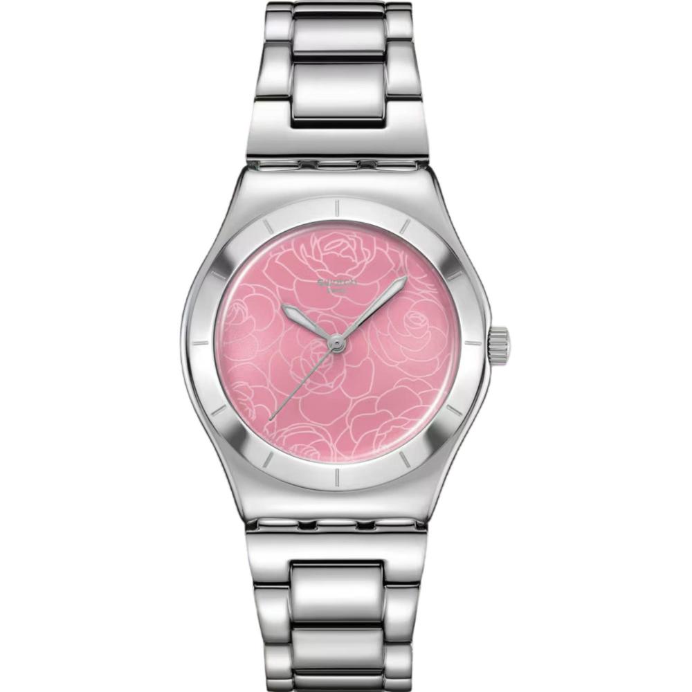 SWATCH Blossom Time Petal Charm 33mm Silver Stainless Steel Bracelet YLS234G