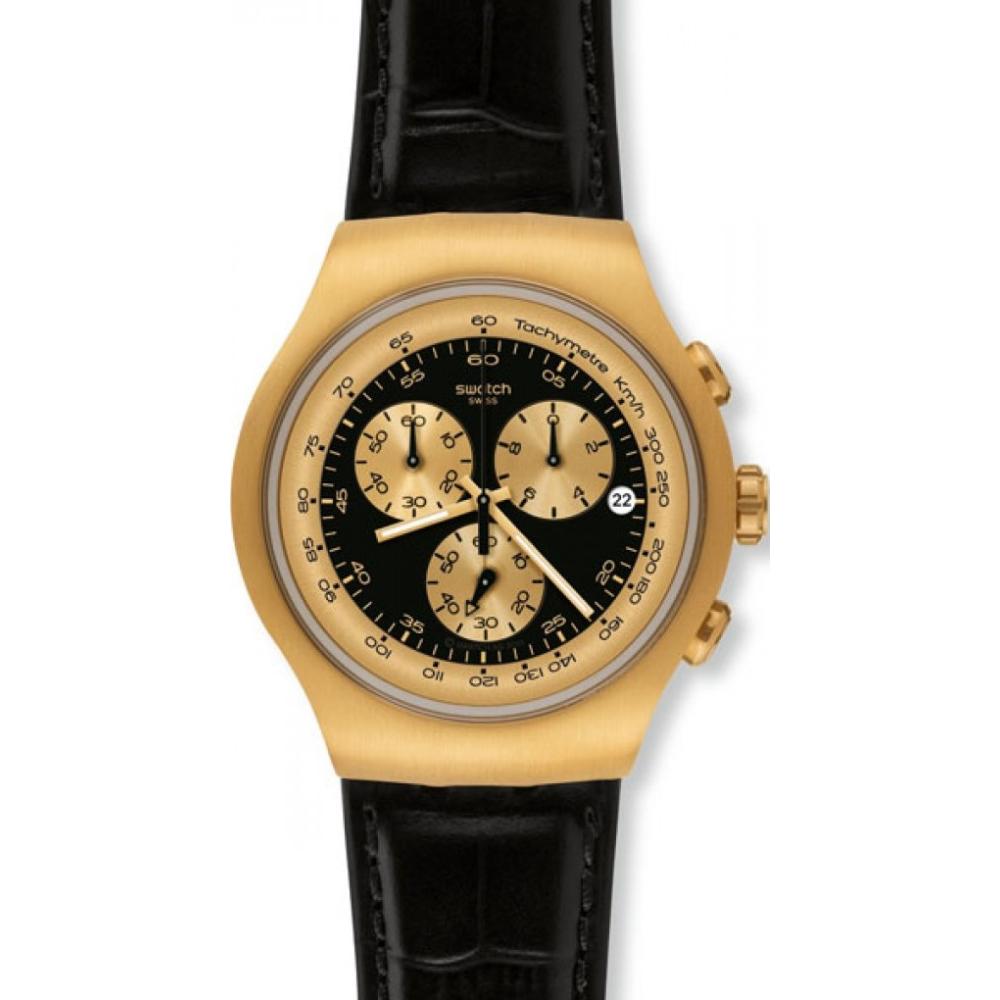SWATCH Golden Hide Chronograph 47mm Gold Stainless Steel Black Leather Strap YOG403