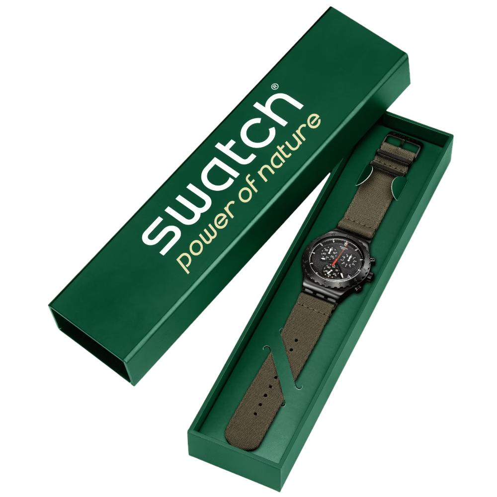 SWATCH Irony Chronograph Power Of Nature The Bonfire 43mm Black Stainless Steel Khaki Combined Materials Strap YVB416 - 11