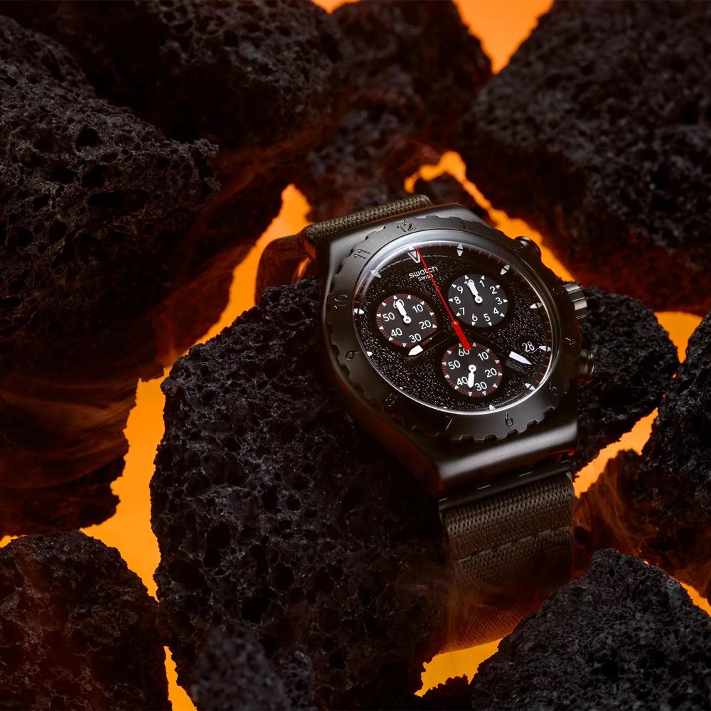SWATCH Irony Chronograph Power Of Nature The Bonfire 43mm Black Stainless Steel Khaki Combined Materials Strap YVB416