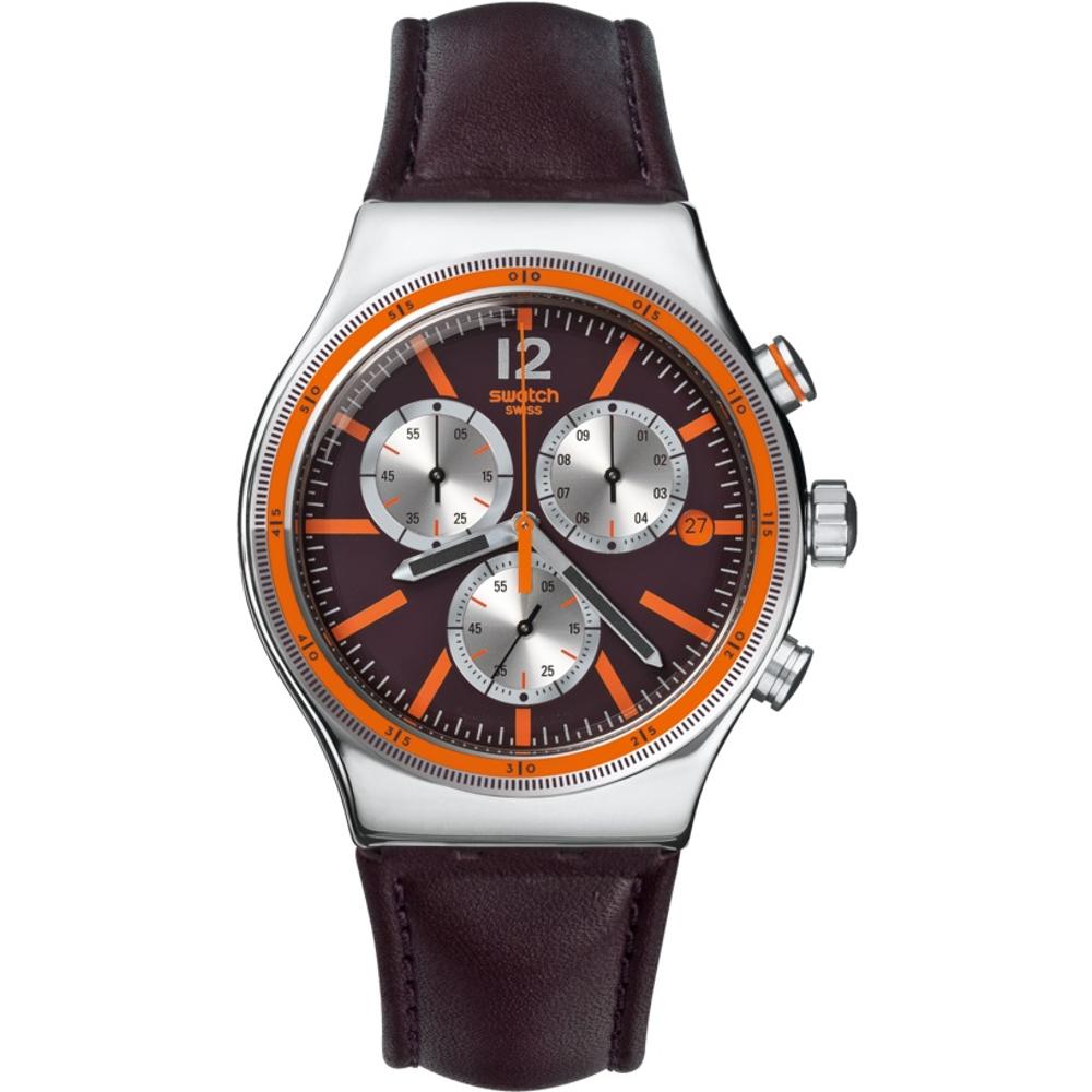 SWATCH Prisoner Chronograph 43mm Silver Stainless Steel Brown Leather Strap YVS413 - 1