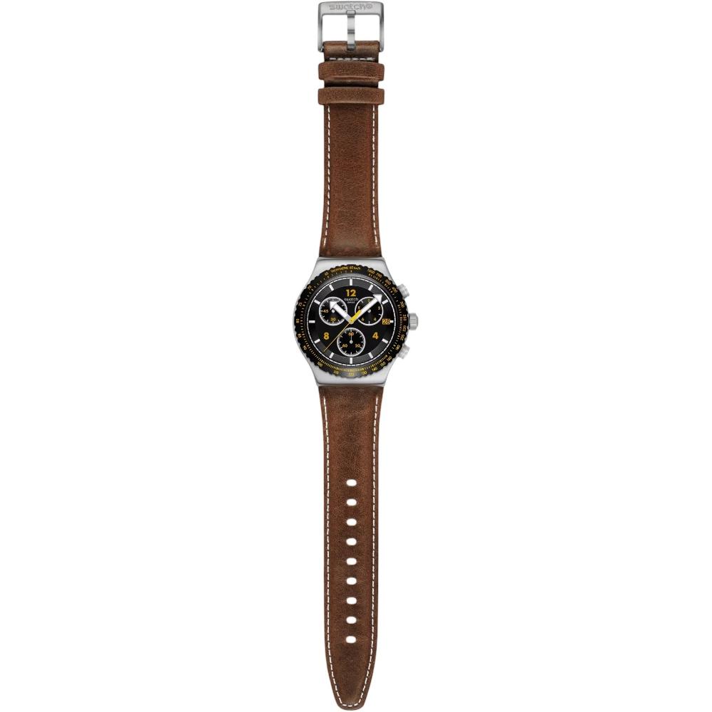 SWATCH Irony Chronograph Canyon Chaser 43mm Silver Stainless Steel Brown Leather Strap YVS530