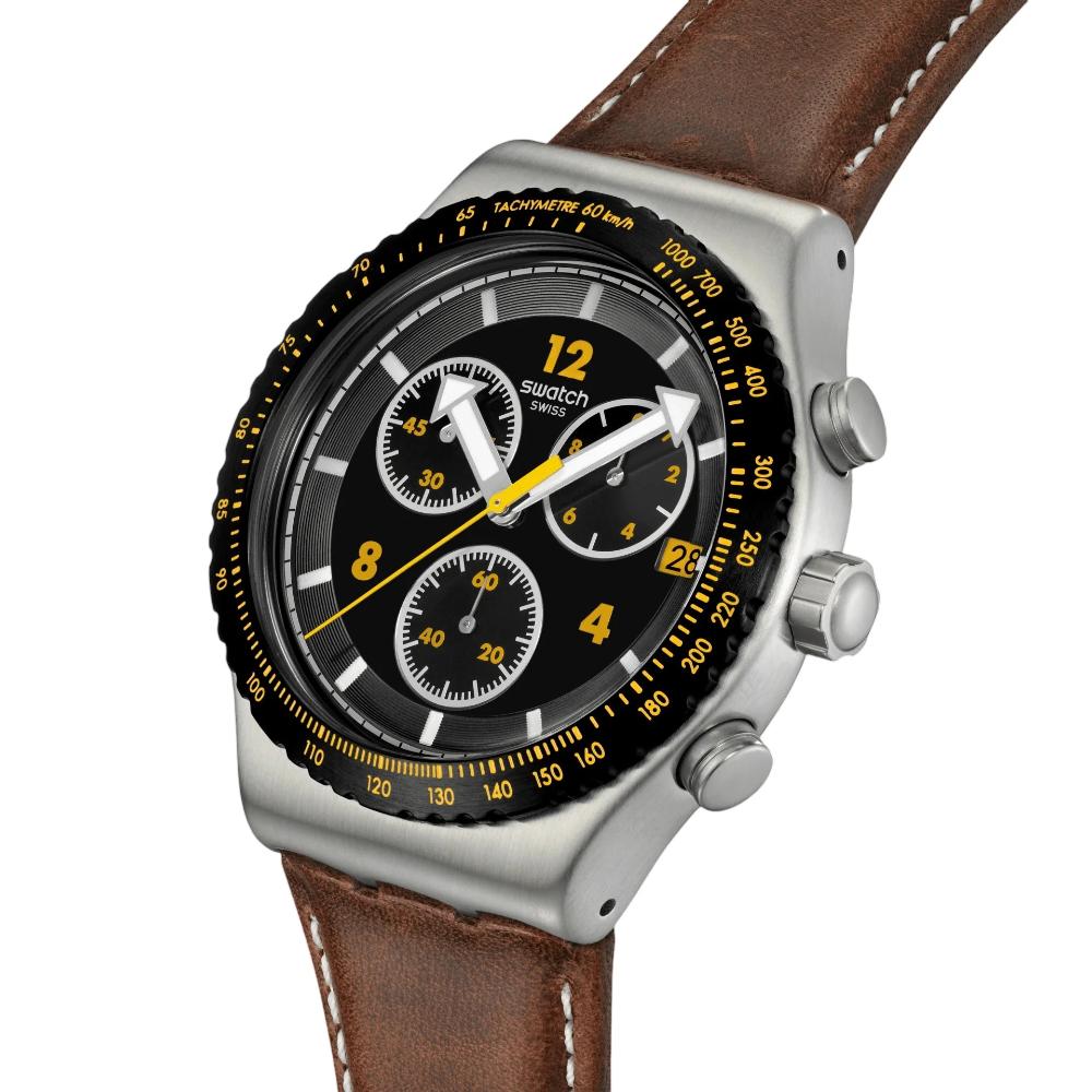 SWATCH Irony Chronograph Canyon Chaser 43mm Silver Stainless Steel Brown Leather Strap YVS530