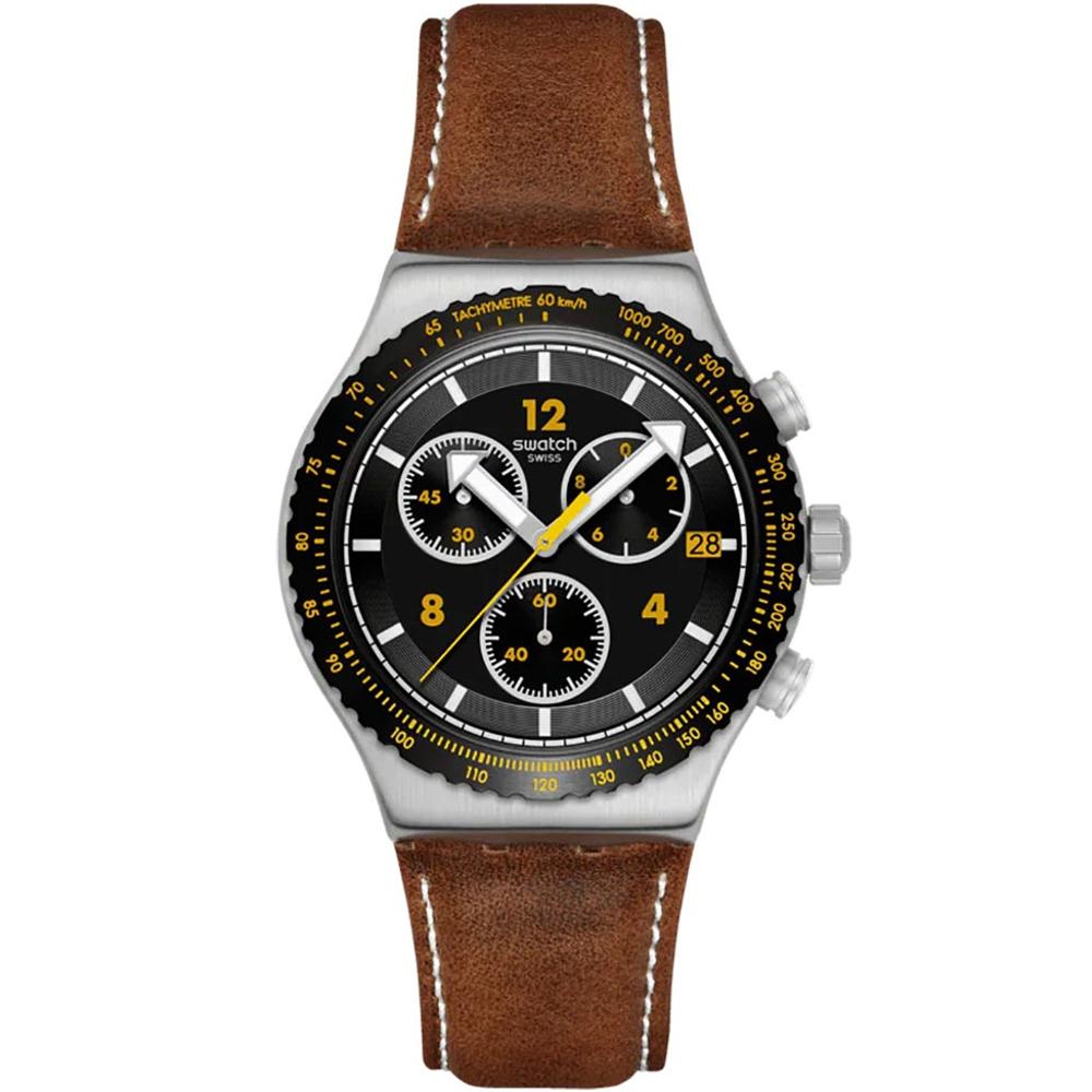 SWATCH Irony Chronograph Canyon Chaser 43mm Silver Stainless Steel Brown Leather Strap YVS530