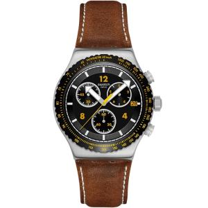 SWATCH Irony Chronograph Canyon Chaser 43mm Silver Stainless Steel Brown Leather Strap YVS530 - 52371