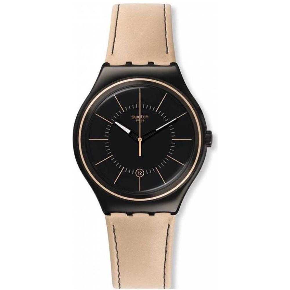 SWATCH Sand Storm III Three Hands 42.7mm Black Stainless Steel Brown Leather Strap YWB400 - 1