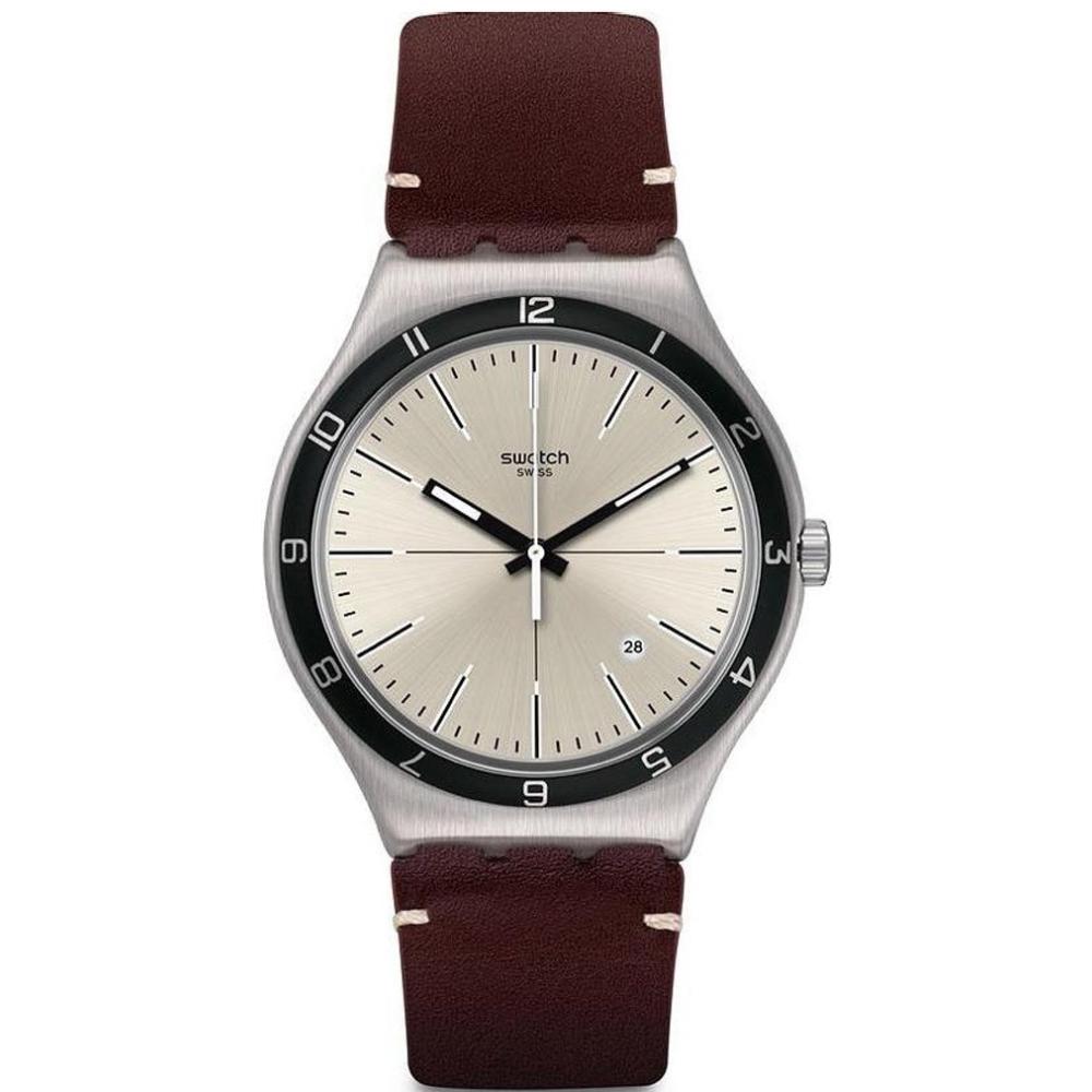 SWATCH Four Stitches Three Hands 41mm Silver Stainless Steel Brown Leather Strap YWS423