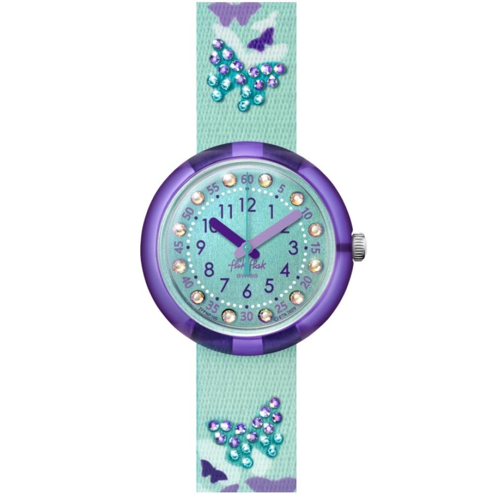 FLIK FLAK Shine Bright Sparkling Butterfly Crystals 31.85mm Turqoise Fabric Strap ZFPNP100