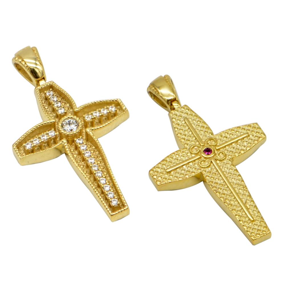 CROSS Handmade Byzantine Double Sided SENZIO Collection in K14 Yellow Gold with Zircon Τ980Υ.Κ14