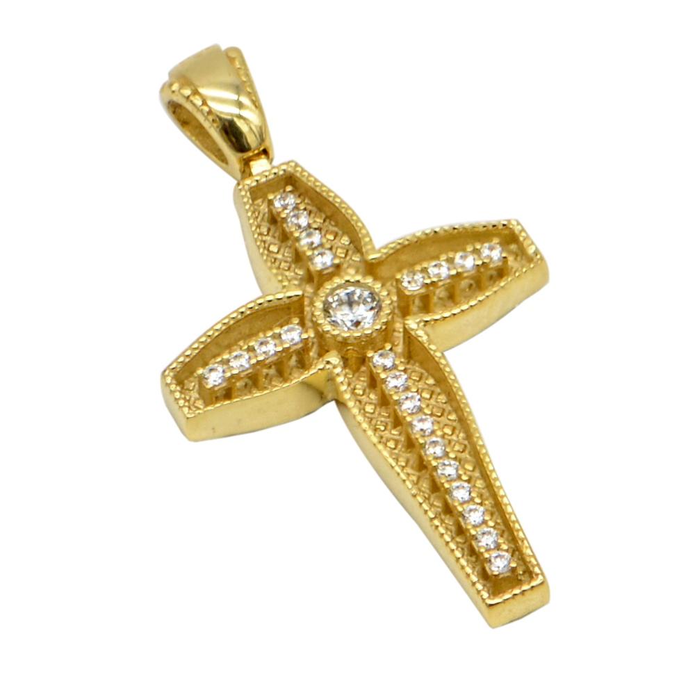 CROSS Handmade Byzantine Double Sided SENZIO Collection in K14 Yellow Gold with Zircon Τ980Υ.Κ14