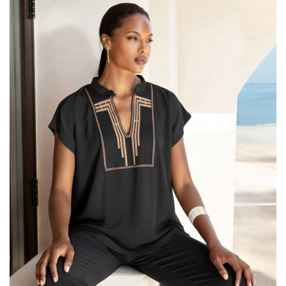 AGGEL Crepe marocaine short sleeved blouse with knitted details SS61126KF