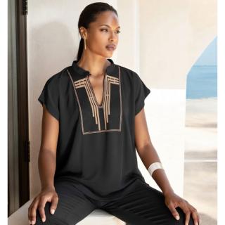 AGGEL Crepe marocaine short sleeved blouse with knitted details SS61126KF