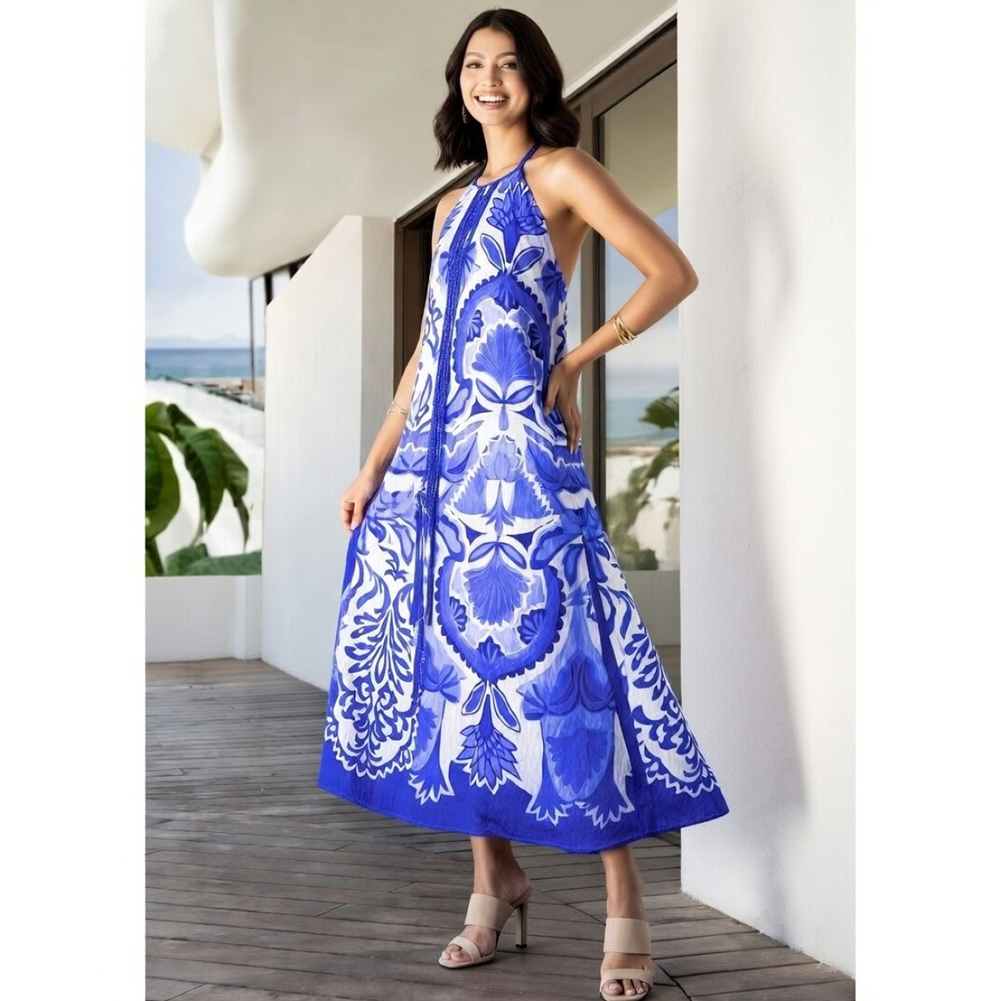 AGGEL Printed open back maxi dress with knitted details SS63143KF