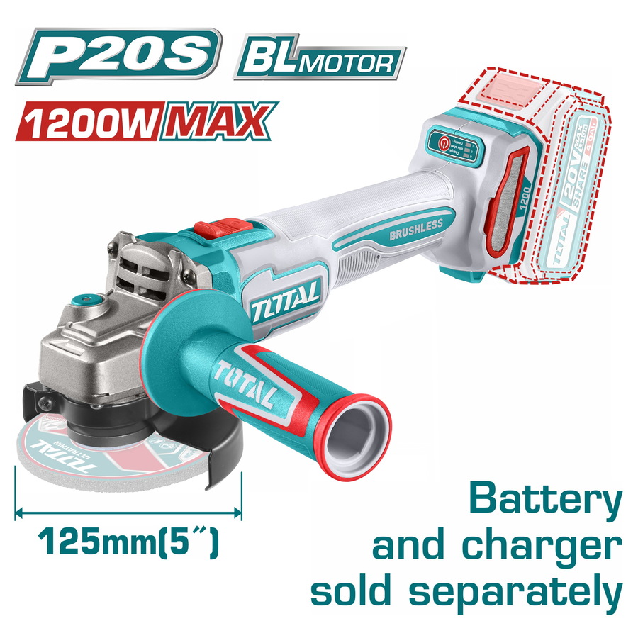 TOTAL ΕΠΑΓΓ. ΓΩΝΙΑΚΟΣ ΤΡΟΧΟΣ ΜΠΑΤ. Li-ion 20V / 125mm ΧΩΡΙΣ ΜΠΑΤΑΡΙΑ & ΦΟΡΤΙΣΤΗ (TAGLI221253)