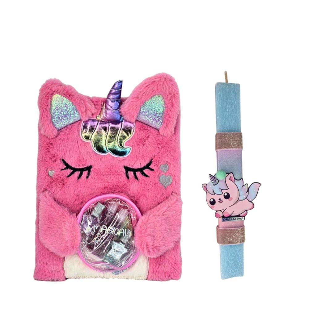 Χειροποίητη Αρωματική Λαμπάδα για Κορίτσι με Γούνινο Σημειωματάριο 30cm με Καλλυντικά Μονόκερος - 114017