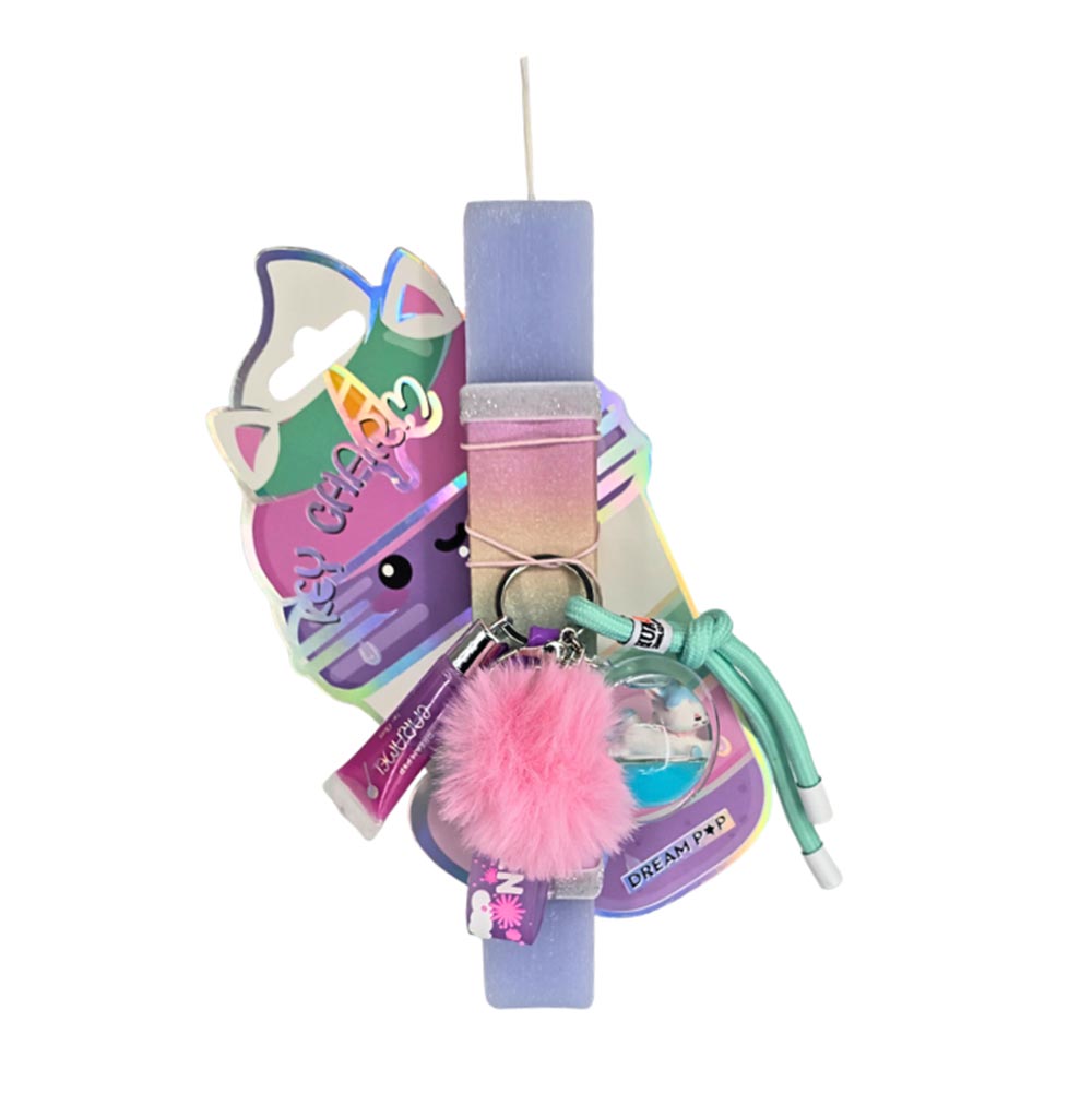 Χειροποίητη Αρωματική Λαμπάδα για Κορίτσι με Σετ Μπρελοκ, Lip Gloss Και Ροζ Γούνινο Pom Pom - 114105