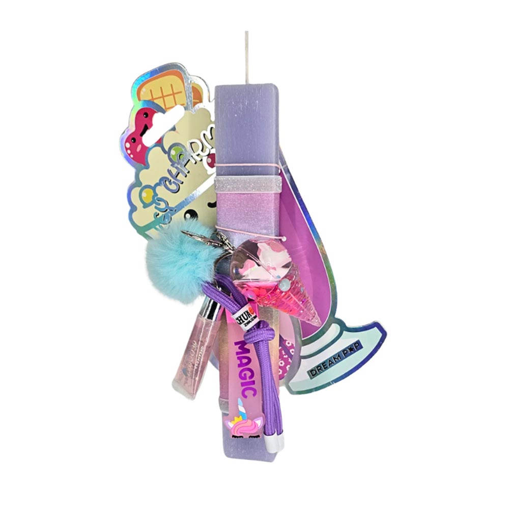 Χειροποίητη Αρωματική Λαμπάδα για Κορίτσι με Σετ Μπρελοκ, Lip Gloss Και Βεραμάν Γούνινο Pom Pom - 114109