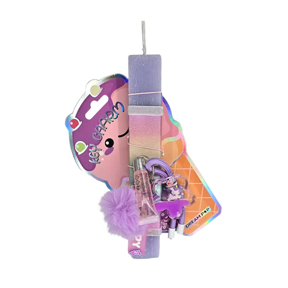 Χειροποίητη Αρωματική Λαμπάδα για Κορίτσι με Σετ Μπρελοκ, Lip Gloss Και Λιλά Γούνινο Pom Pom - 114117