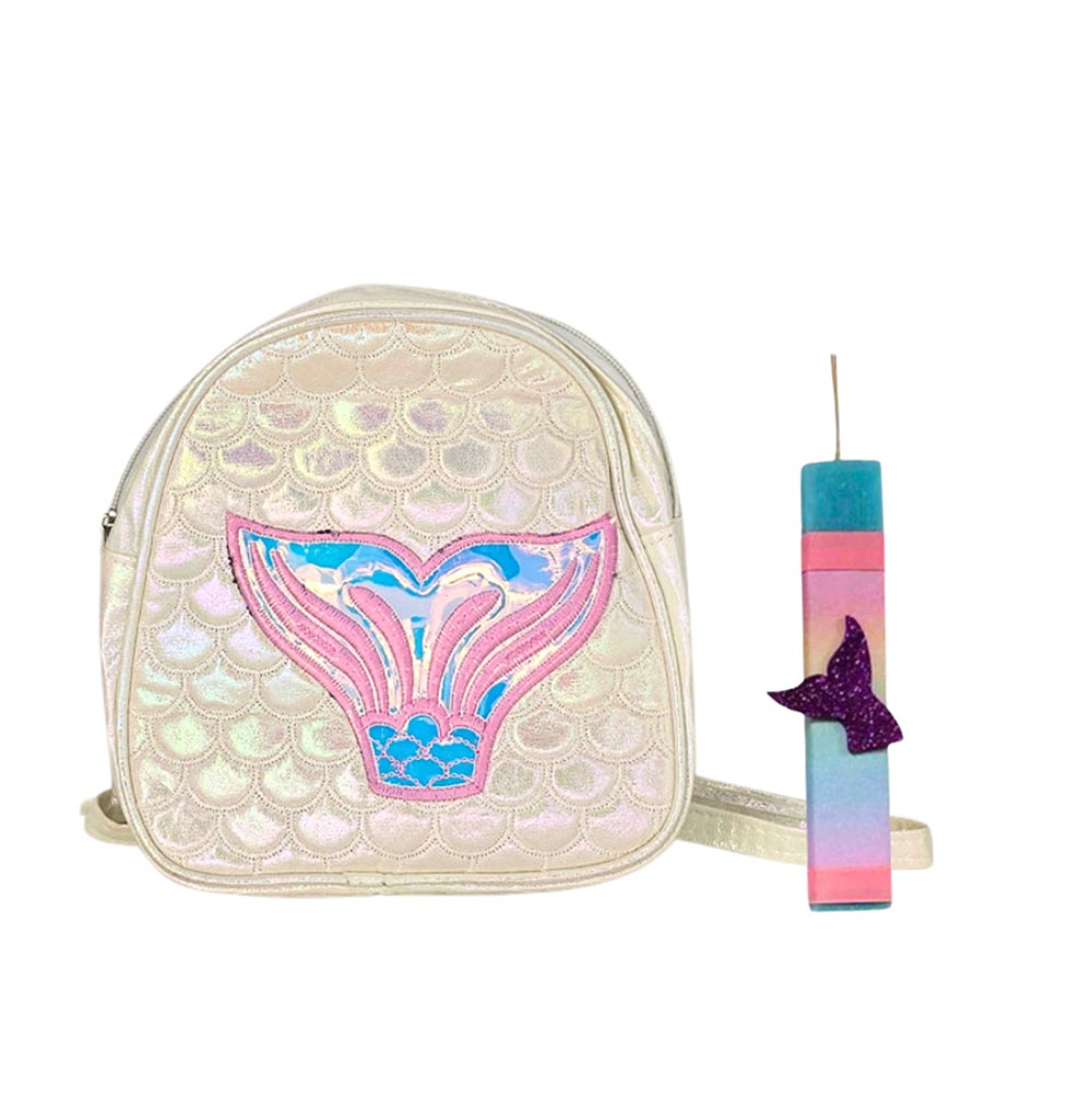 Χειροποίητη Αρωματική Λαμπάδα για Κορίτσι με Λευκό Ιριδίζον Σακίδιο Πλάτης Γοργόνα - 114161