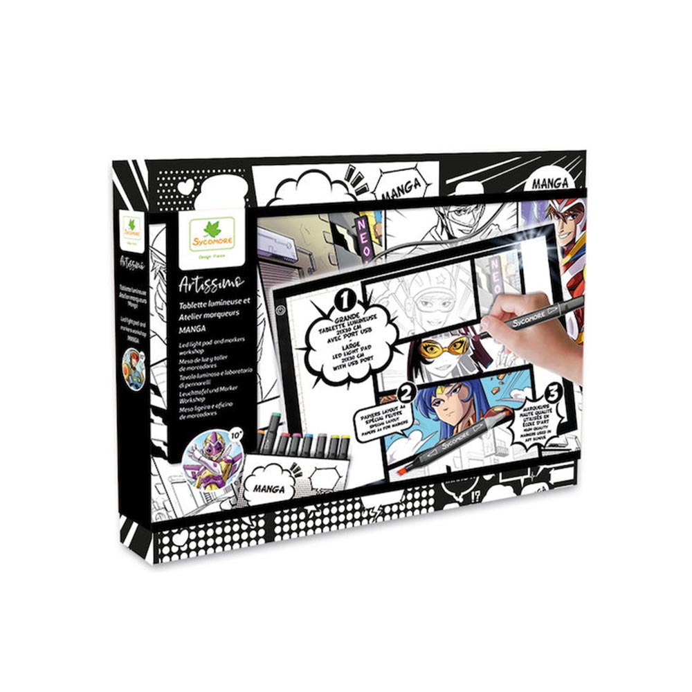 Σετ Ζωγραφικής Manga με XXL Φωτιζόμενο Tablet (10 Μαρκαδόροι και 32 Φύλλα Ζωγραφικής) CREA052 Sycomore Artissimo - 108310