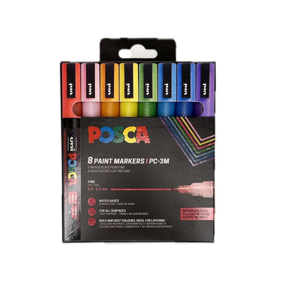 Σετ Μαρκαδόροι Σχεδίου Ανεξίτηλοι Sparkling Color 0,9-1,3mm 8τμχ PC-3M Uni Posca - 100483