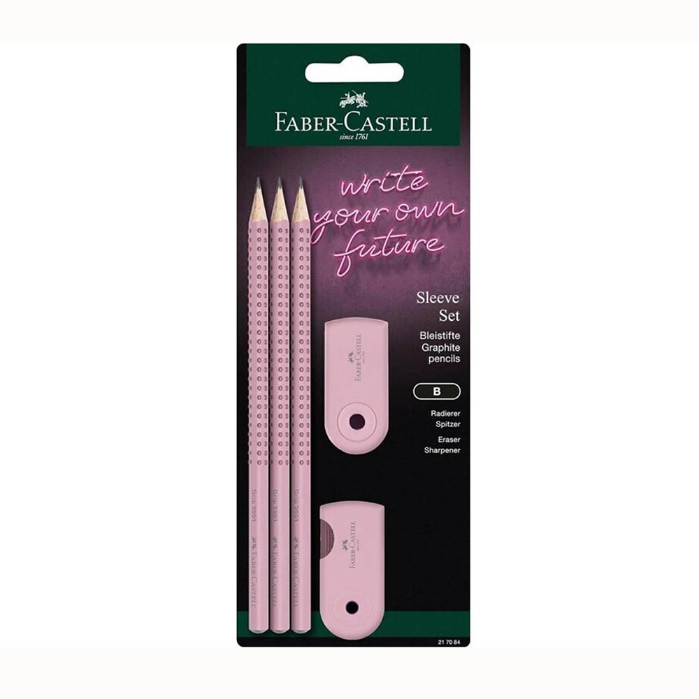 Σετ Blister 3 Μολύβια Grip - Ξύστρα Sleeve - Γόμα Sleeve Ροζ Παλ 217084 Faber Castell - 92988