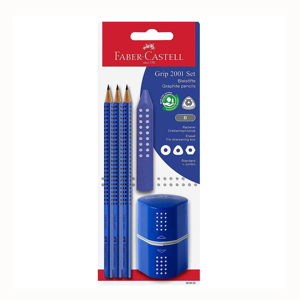 Σετ Blister 3 Μολύβια Μπλε Grip- Γόμα - 3πλη Ξύστρα Rollon 580023 Faber Castell - 93023