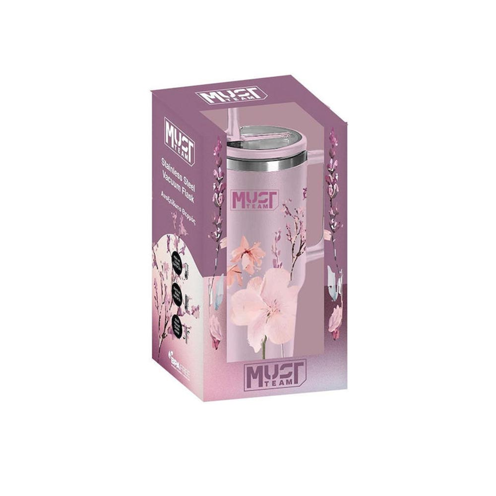 Ποτήρι Ανοξείδωτο Θερμός με Καλαμάκι Ροζ Φλοράλ 1,2L 587162 Must - 1