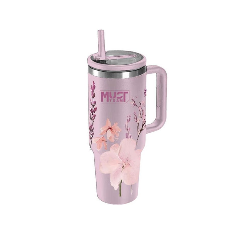 Ποτήρι Ανοξείδωτο Θερμός με Καλαμάκι Ροζ Φλοράλ 1,2L 587162 Must - 111645