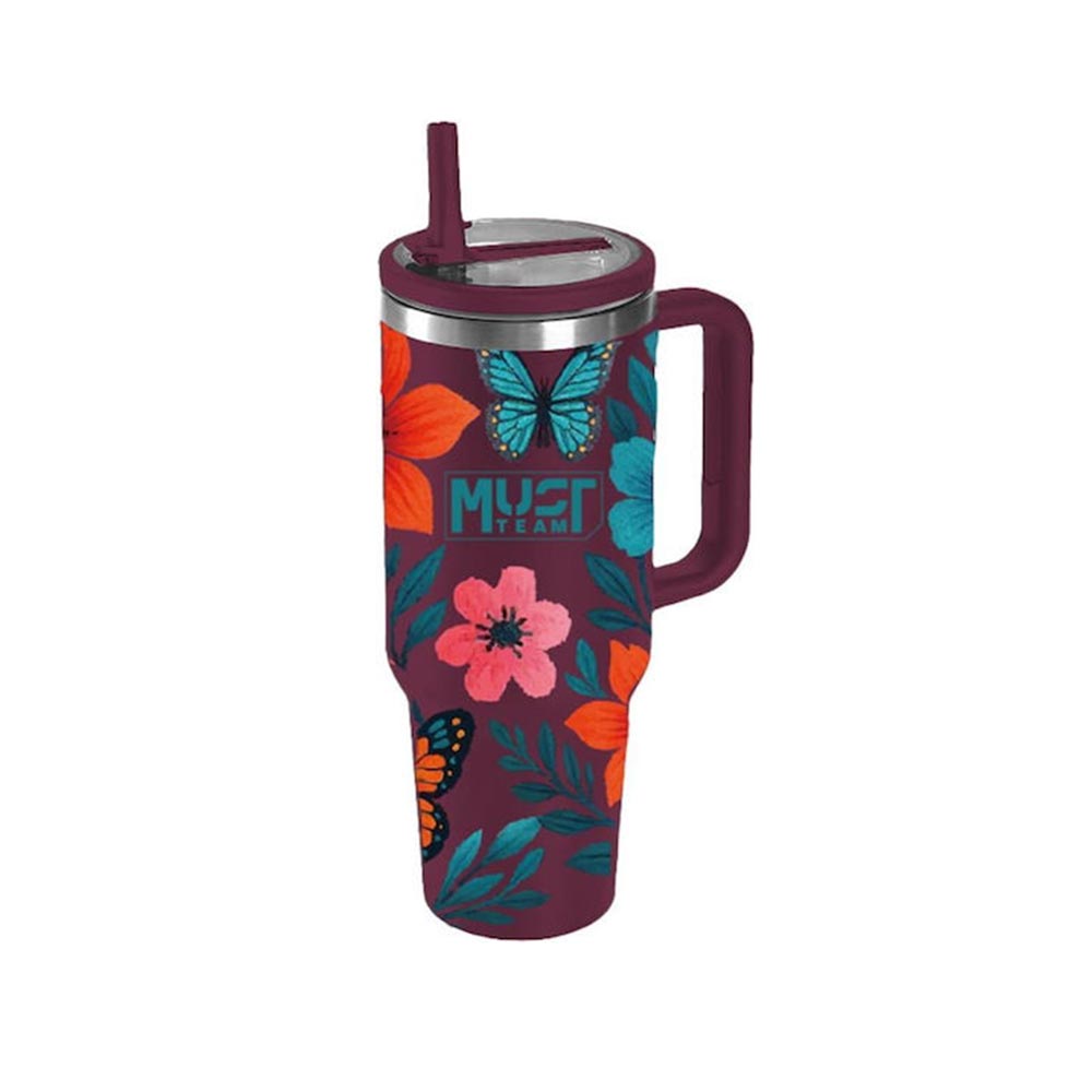 Ποτήρι Ανοξείδωτο Θερμός με Καλαμάκι Μπορντώ Φλοράλ 1,2L 587163 Must - 111642