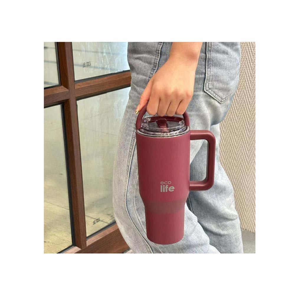 Ποτήρι Θερμός Tumbler με Διπλή Λαβή και Καλαμάκι 900ml - Cranberry 33-BO-7070 Ecolife - 2