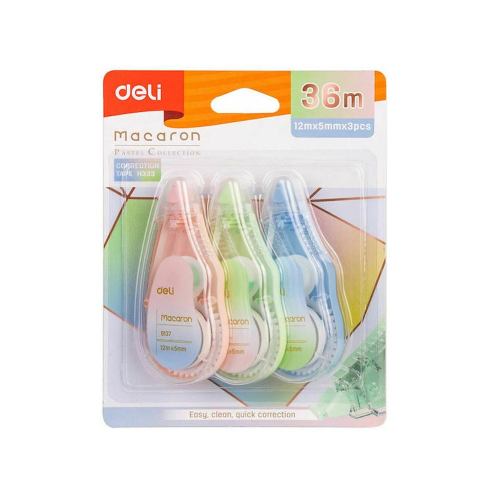 Διορθωτική Ταινία Macaron 5mmx12m Σετ 3τμχ Deli - 124790