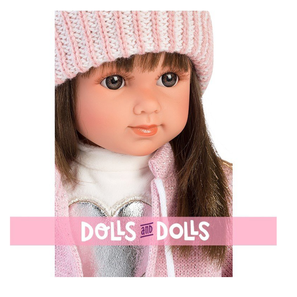 Κούκλα Sara , Μελαχρινή με Φόρεμα , Ροζ Ζακετάκι , Σκουφάκι και Καλτσάκια 35εκ 53528 Llorens Dolls - 1