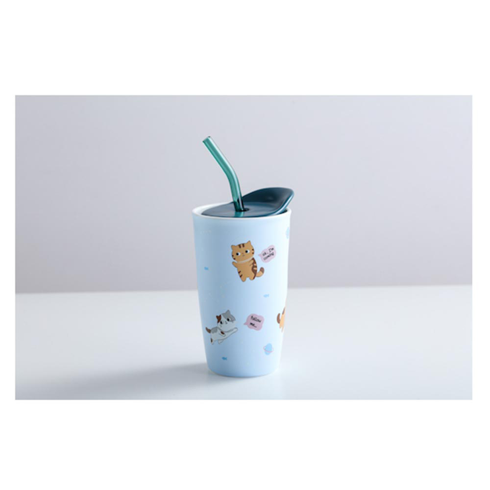 Κεραμική Κούπα Ποτήρι Με Καπάκι & Καλαμάκι (γαλάζιο) MUG2125A Space Cow - 49779