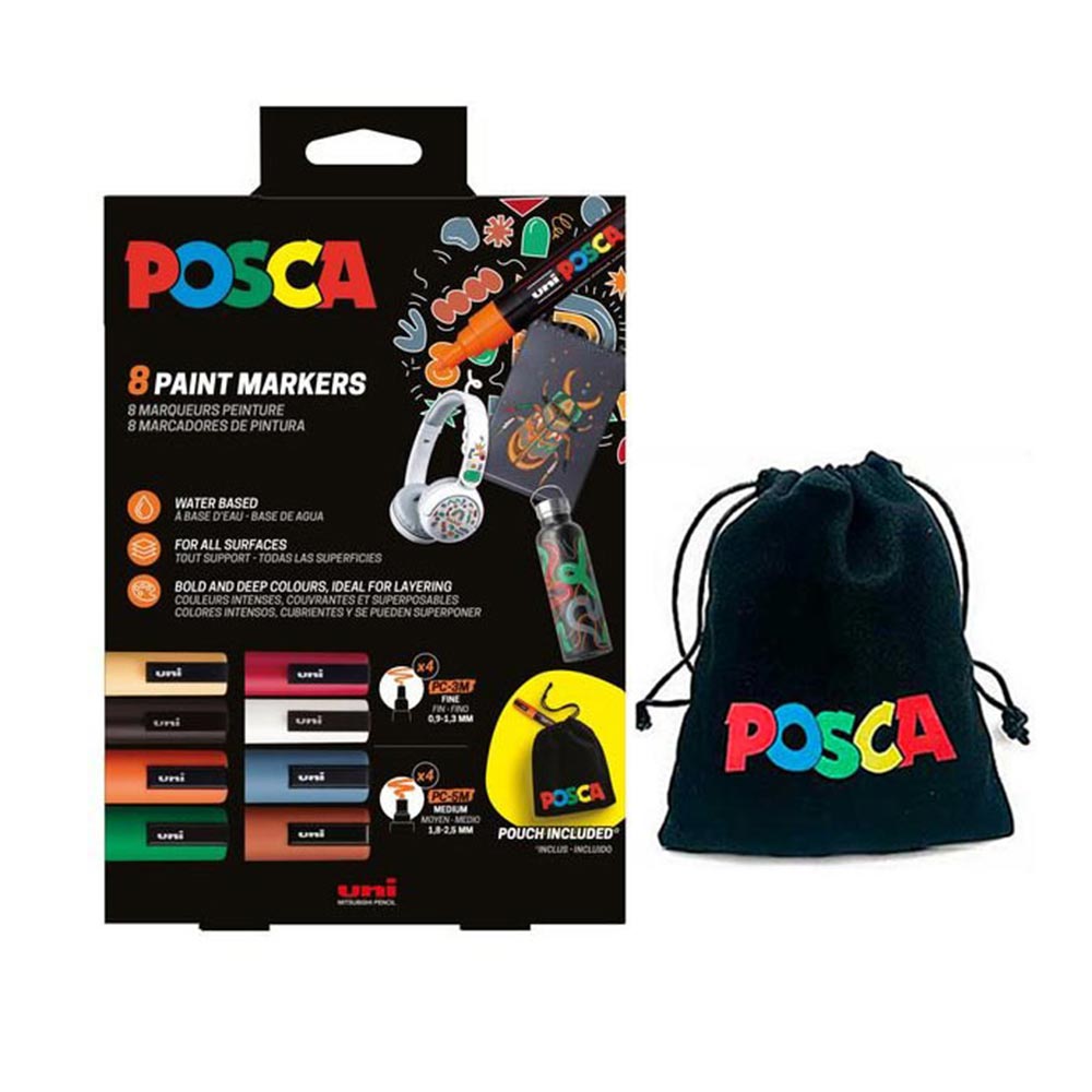 Σετ 8 Μαρκαδόροι PC5M (4τεμ), PC3M (4τεμ) & Πάνινο Πουγκί Posca - 107953