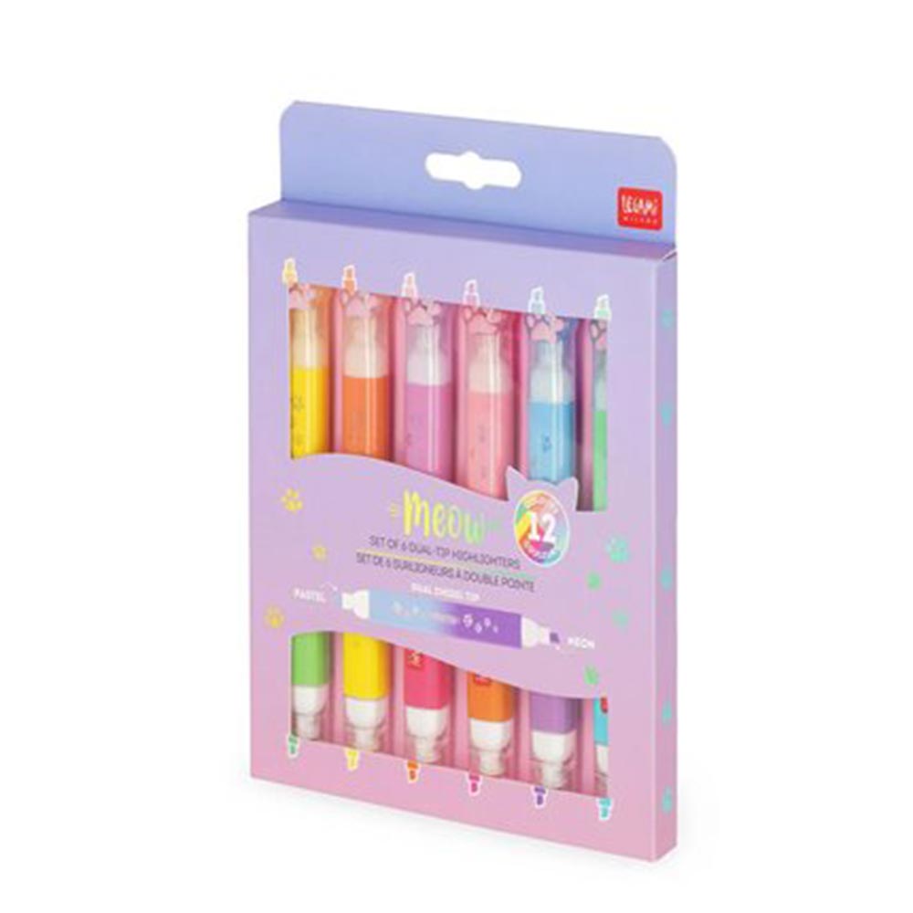 Σετ Υπογραμμιστές 6 Τεμαχίων Με Διπλή Μύτη Pastel και Neon - Meow Kitty - MHL0002 Legami - 1