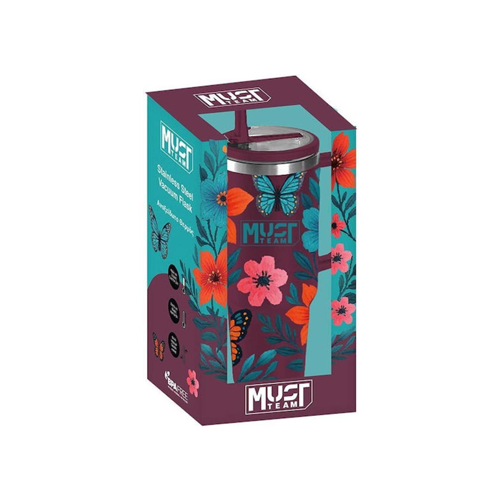 Ποτήρι Ανοξείδωτο Θερμός με Καλαμάκι Μπορντώ Φλοράλ 1,2L 587163 Must - 1